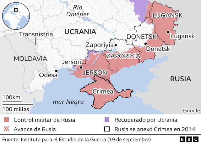Mapa del sur y el este de Ucrania