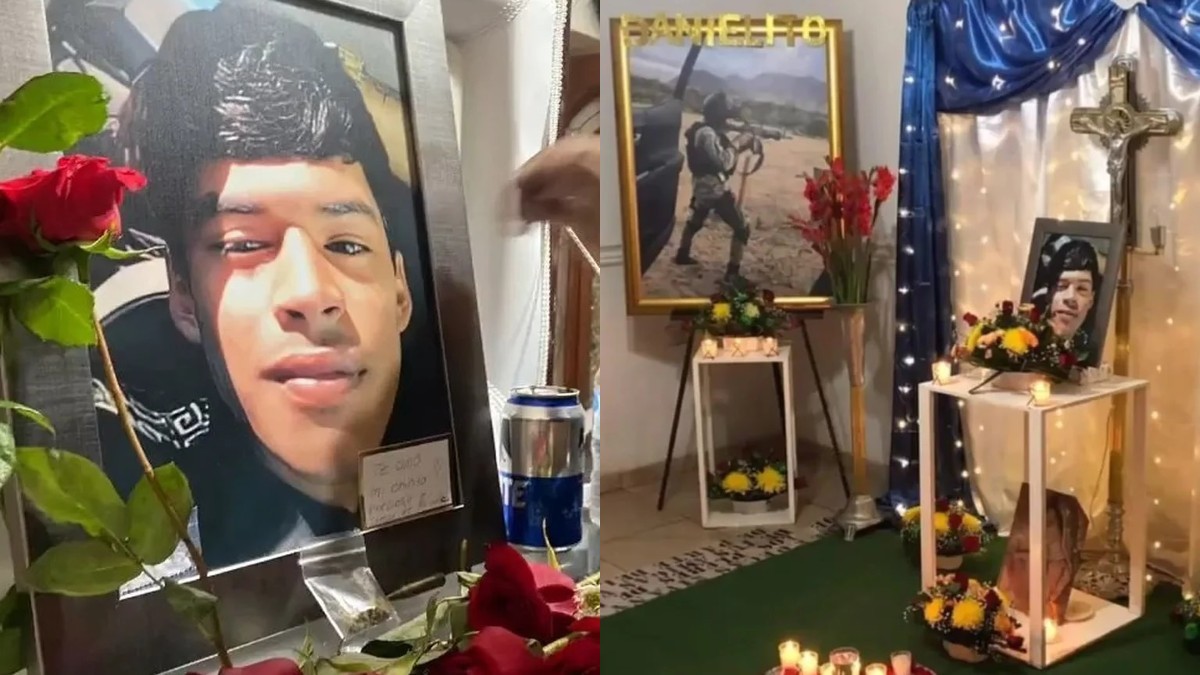 En el video se pueden ver veladoras sobre una cruz, ramos de flores, balas de grueso calibre, dos pistolas, así como estampas de la Virgen de Guadalupe.