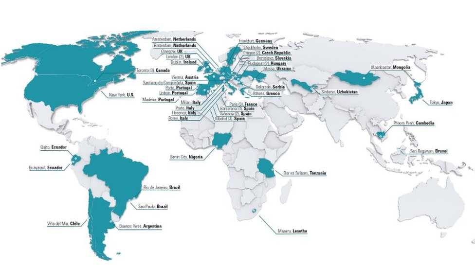 Mapa con el listado de supuestas estaciones de policía chinas en el extranjero de la ONG Safeguard Defenders.