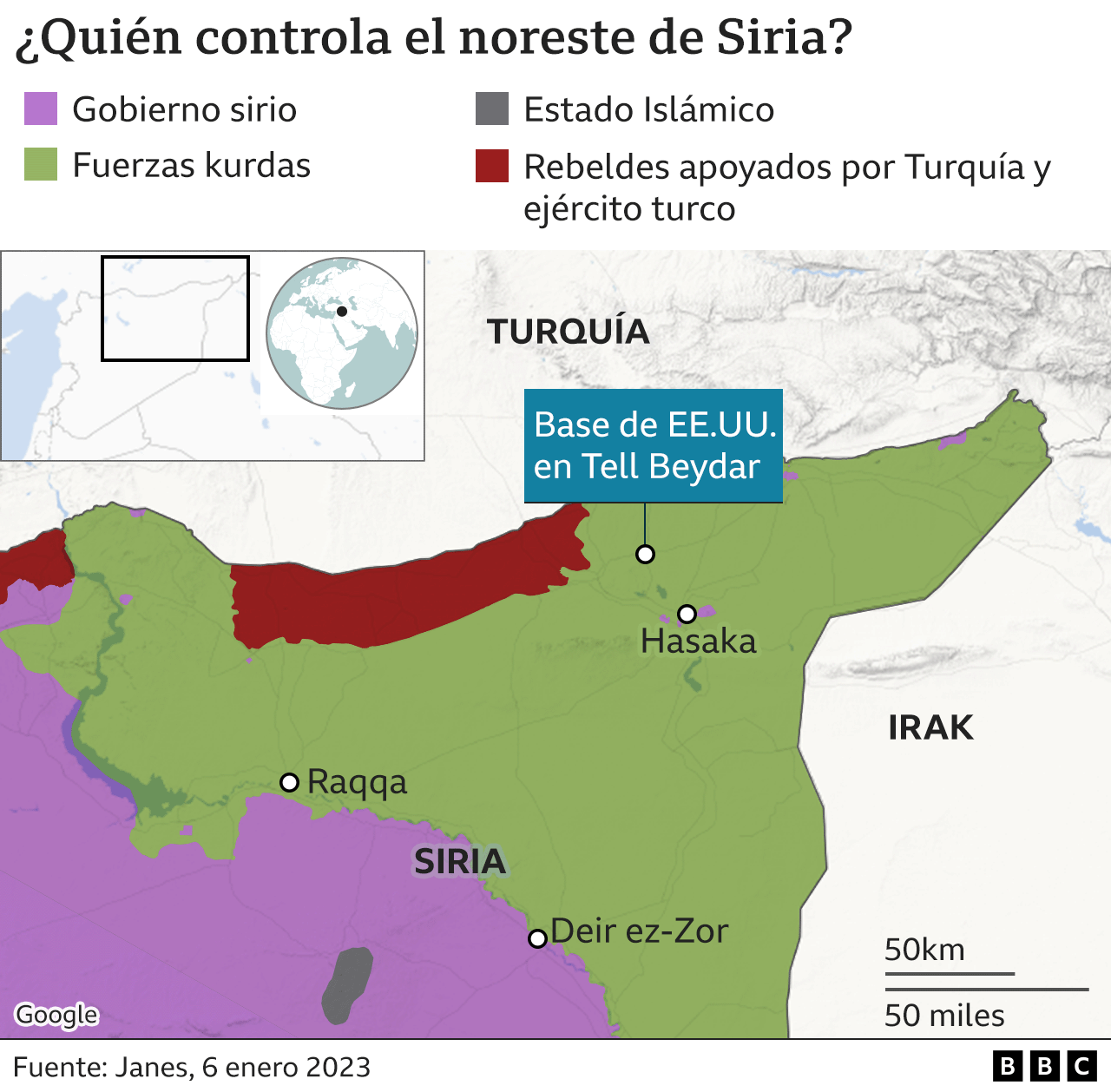 Mapa del noreste de Siria.