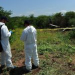 Los peritos forenses usaron binomios caninos para rastrear el terreno y localizar los cuerpos.