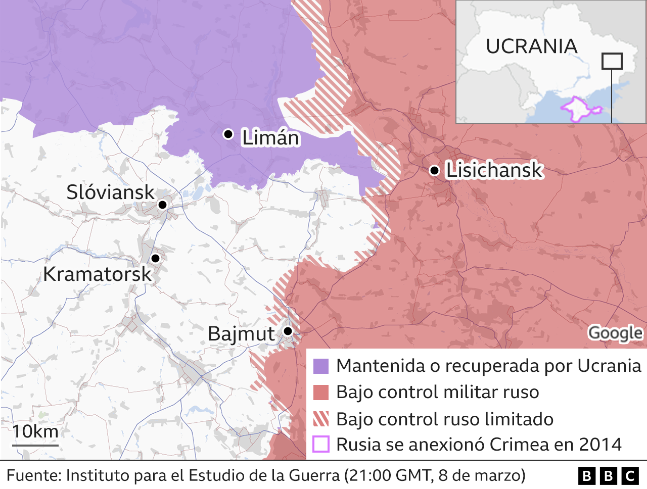 Mapa del frente en la región de Bajmut.