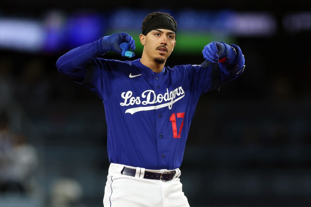 LOS ANGELES, CALIFORNIA - MAY 02: Miguel Vargas #17 of the Los Angeles Dodgers celebrates after hitting a two RBI double during the seventh inning against the Philadelphia Phillies at Dodger Stadium on May 02, 2023 in Los Angeles, California. (Photo by Katelyn Mulcahy/Getty Images)