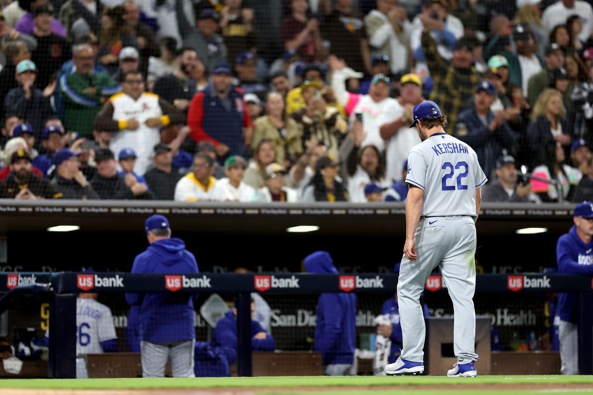 SAN DIEGO, CALIFORNIA - MAY 05: Clayton Kershaw #22 of the Los Angeles Dodgers walks to the dugout after being taken out of the game during the fifth inning of a game against the San Diego Padres at PETCO Park on May 05, 2023 in San Diego, California. (Photo by Sean M. Haffey/Getty Images)