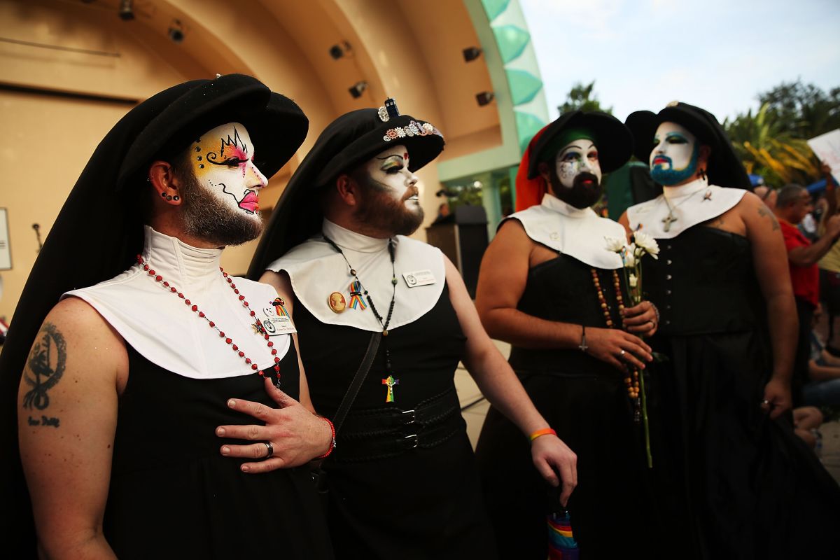 ORLANDO, FL - JUNE 19: Members of the Sisters of Perpetual Indulgence attend a memorial service on June 19, 2016 in Orlando, Florida. The Sisters of Perpetual Indulgence are a charity, protest, and street performance organization that uses drag and religious imagery to call attention to sexual intolerance. Thousands of people are expected at the evening event which will feature entertainers, speakers and a candle vigil at sunset. In what is being called the worst mass shooting in American history, Omar Mir Seddique Mateen killed 49 people at the popular gay nightclub early last Sunday. Fifty-three people were wounded in the attack which authorities and community leaders are still trying to come to terms with. (Photo by Spencer Platt/Getty Images)